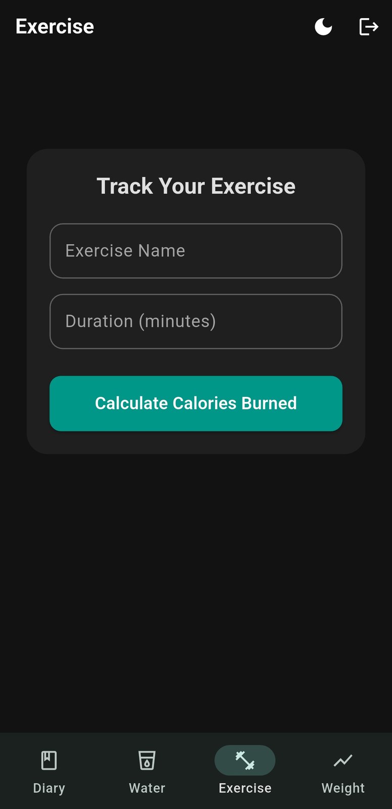 Dietician Portal exercise tracker with a form to log exercise name and duration and calculate calories burned